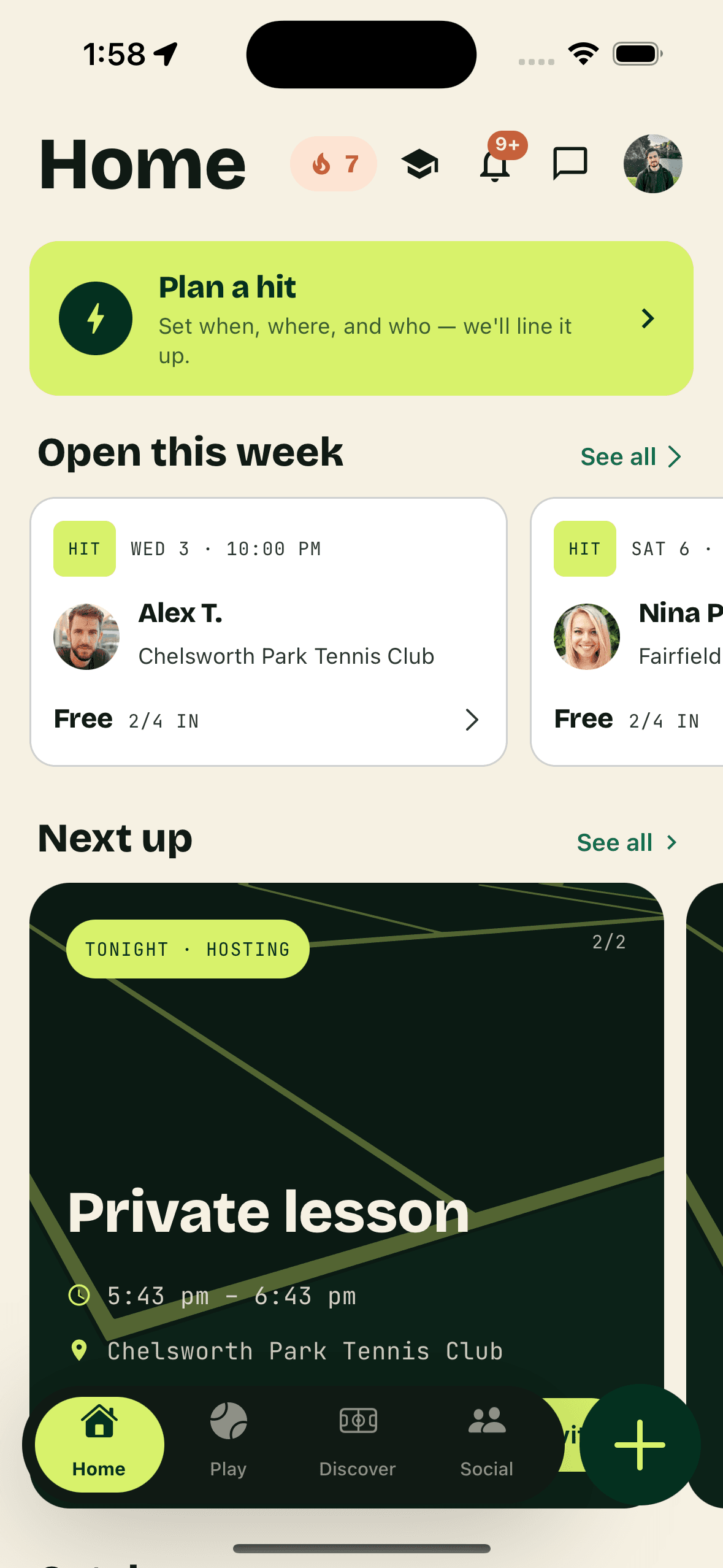 RallyMate app showing upcoming sessions, player stats, and social features