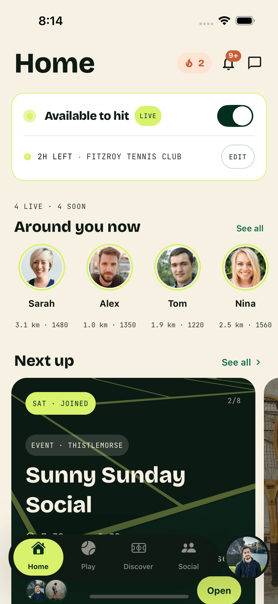 RallyMate app showing upcoming sessions, player stats, and social features