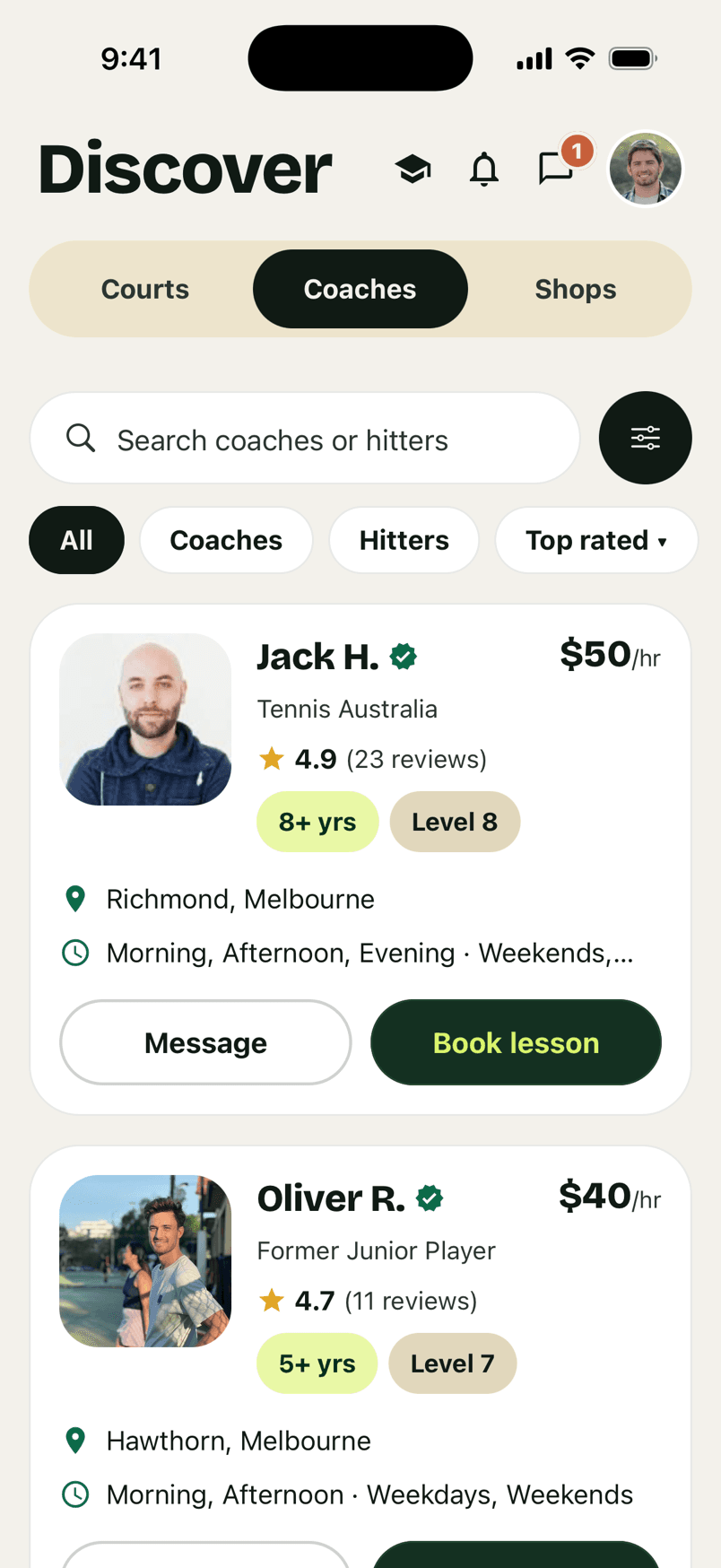 RallyMate coach listings with ratings and hourly rates