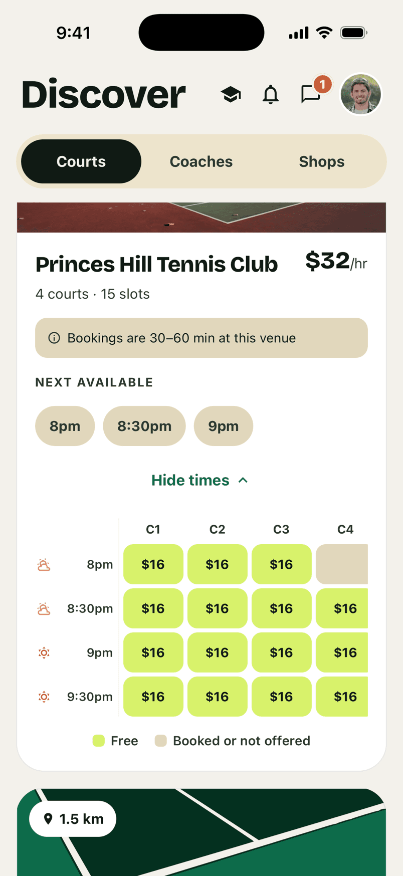 RallyMate court booking grid showing free slots at a club