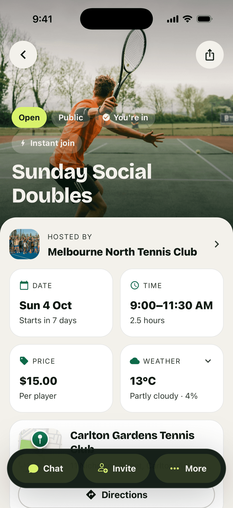 A RallyMate club event with a photo, price, date and weather