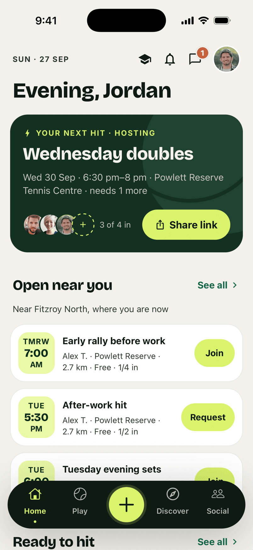 The RallyMate home screen showing your next hit and open sessions near you