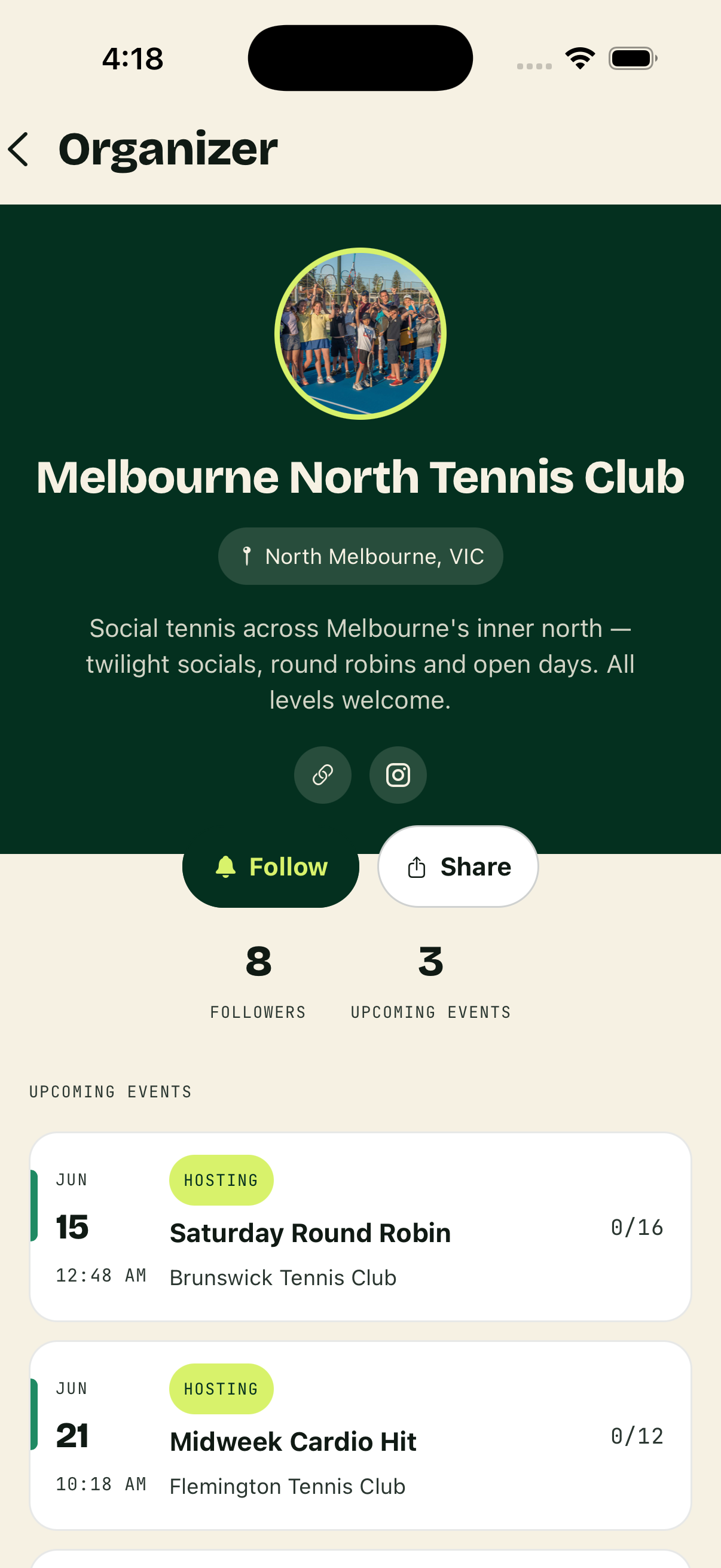 Organizer profile